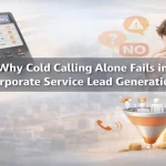 Cold calling difficulty shown with phone, warning icons, and lead funnel visuals.
