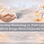 Comparison of partnership marketing and paid campaigns with visuals of handshake and ad clipboard.