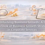 Laptop, tablet, and analytics visuals showcasing corporate business growth strategies.