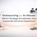 Corporate expansion theme with outsourcing and in house strategy elements around the centered title.
