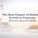 Future focused corporate growth objects positioned around the centered title for business expansion beyond 2026.