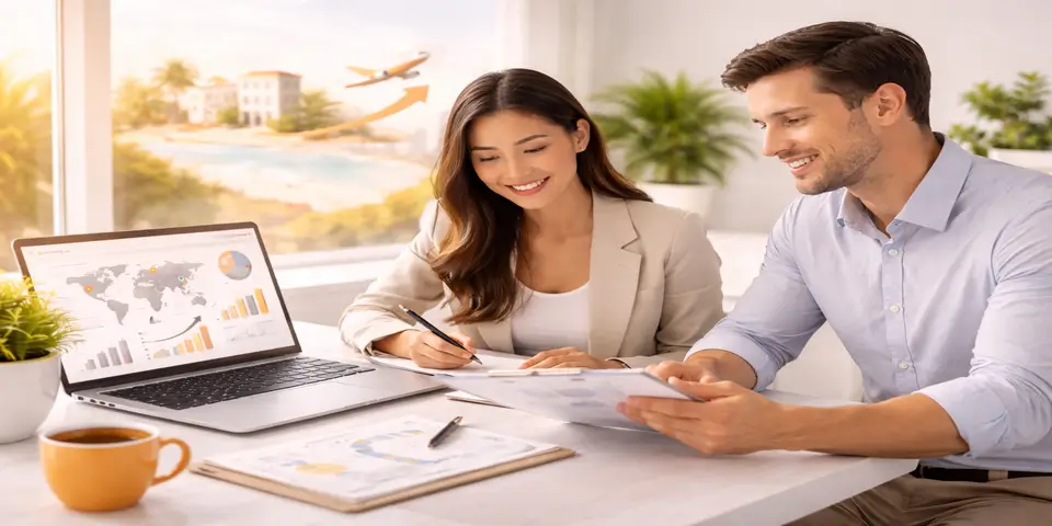 This image shows a hospitality professional analyzing market expansion strategies, reflecting leadership, foresight, and strategic planning required to successfully enter new hospitality markets