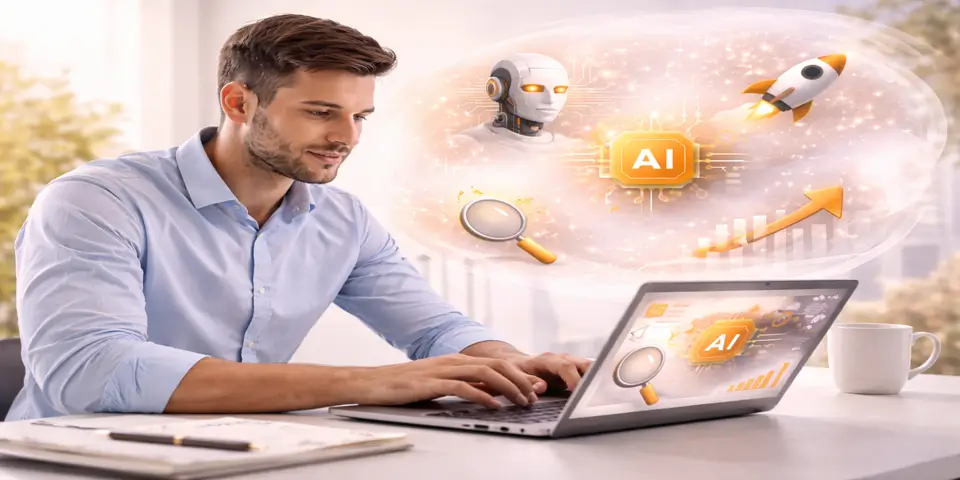 This image features a laptop displaying artificial intelligence analytics and performance visuals, symbolizing how leading tech firms use AI tools and data driven insights to accelerate innovation and growth
