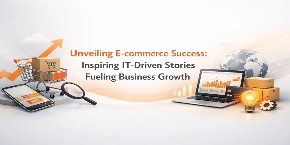 Alt Text: Unveiling E-commerce Success blog featured image with business growth visuals and ecommerce strategy elements