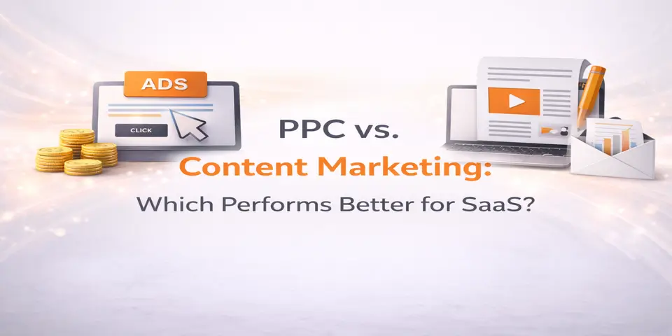 PPC and content marketing comparison concept for SaaS growth with centered title and performance elements