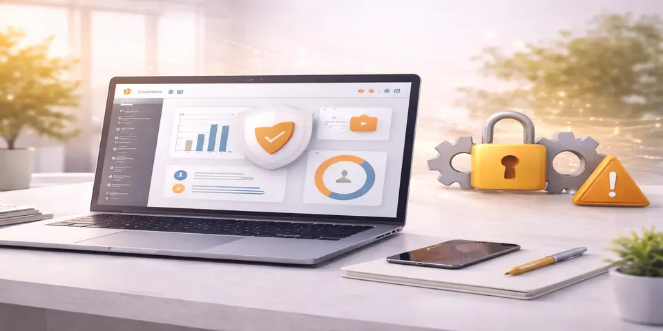 Laptop showing SaaS security dashboard and compliance monitoring system
