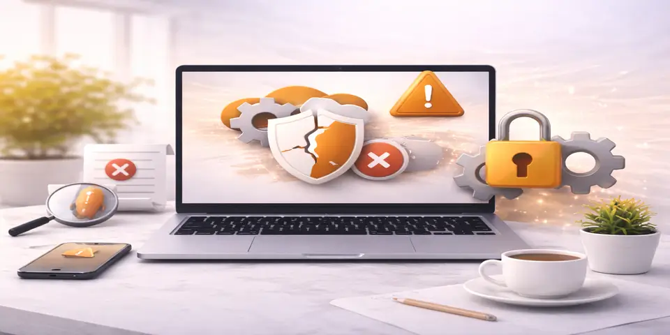 Laptop showing cybersecurity warning and weak IT system risks in SaaS