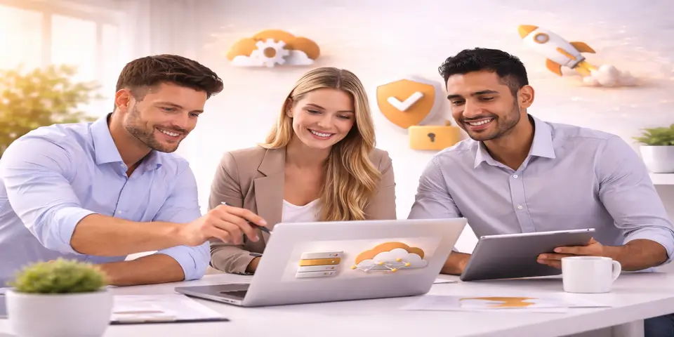 SaaS team discussing in-house IT vs cloud IT strategy on laptop