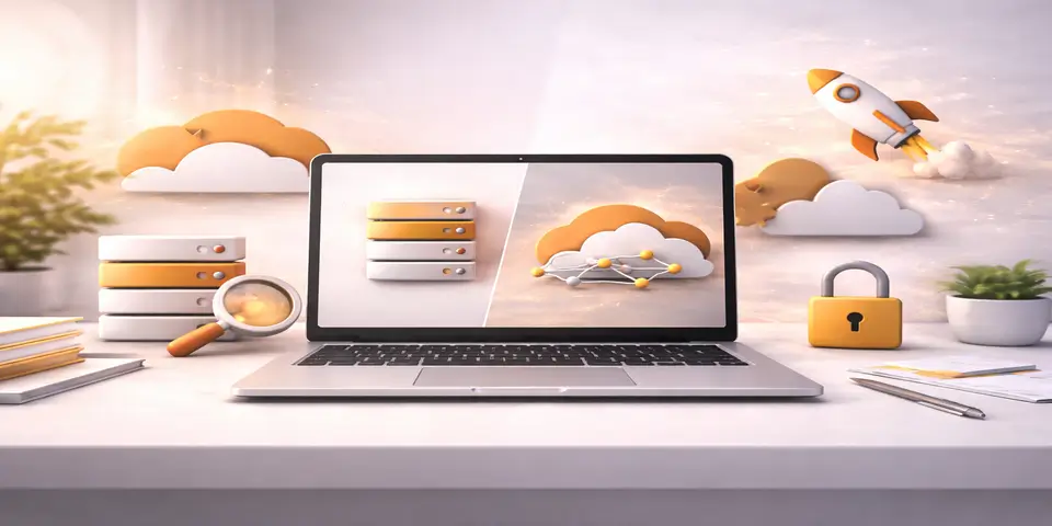 Laptop displaying SaaS infrastructure comparison between on-premise and cloud IT
