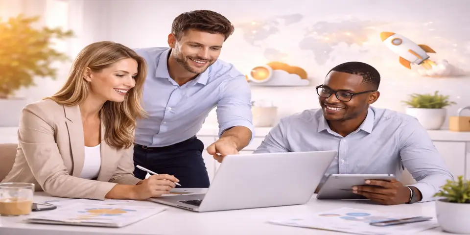 SaaS professionals collaborating on future IT strategy using laptop