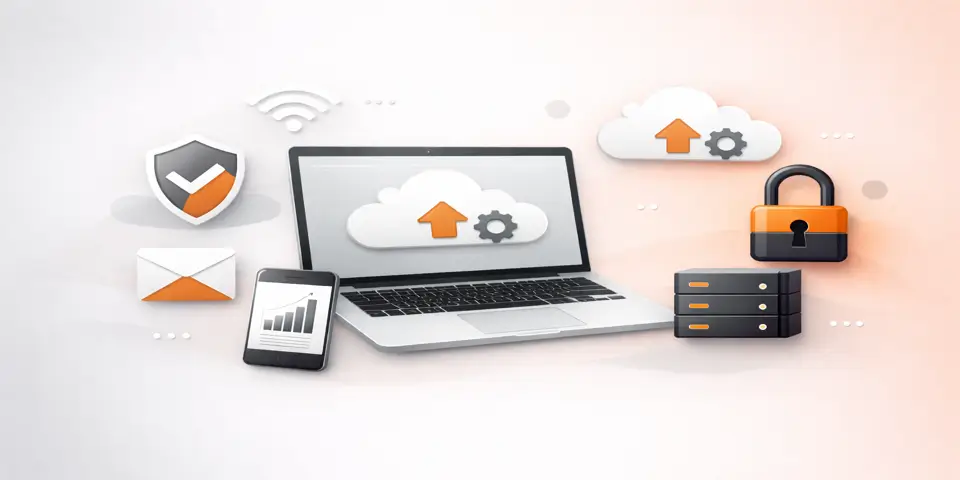 laptop with cloud infrastructure and security system representing SaaS IT management