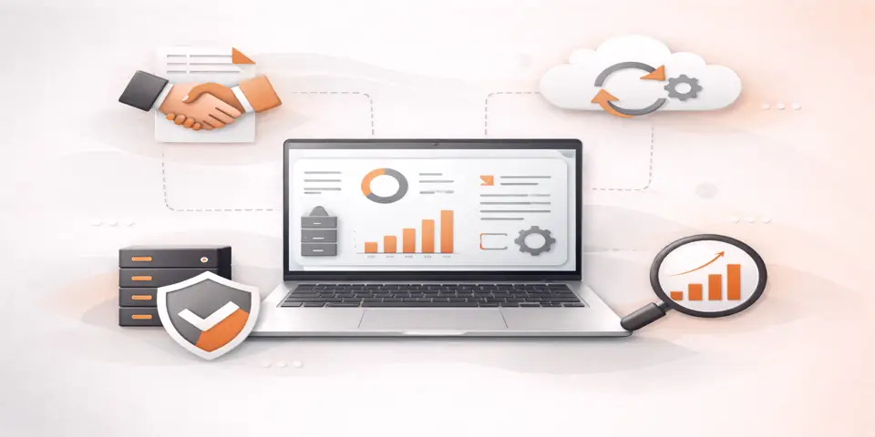 laptop dashboard managing SaaS outsourcing operations and cloud systems