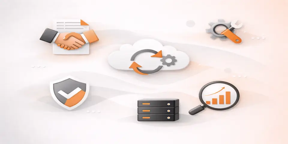 cloud infrastructure and outsourcing workflow icons representing SaaS operations management