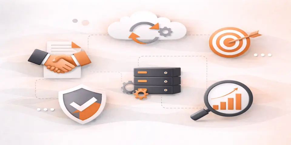 cloud outsourcing workflow icons showing SaaS growth and operational scaling