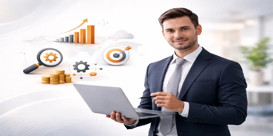 Business consultant analyzing SaaS outsourcing cost and ROI strategy