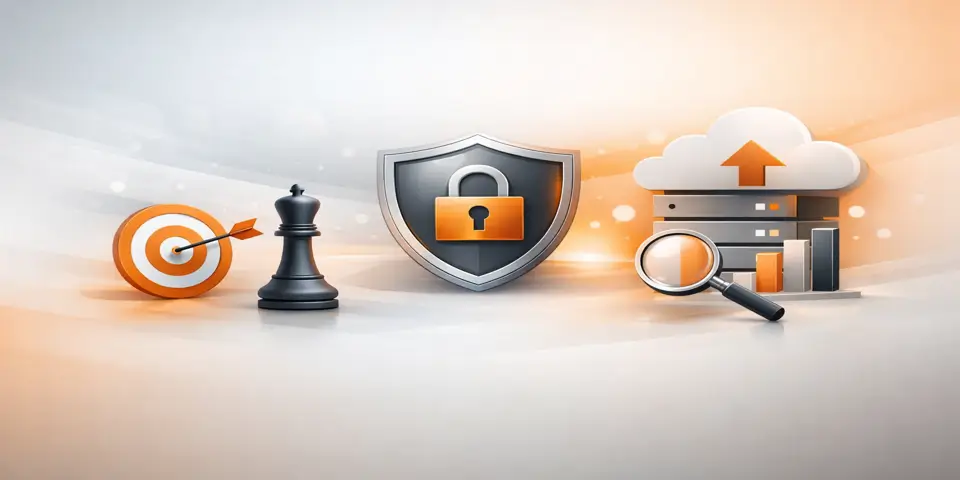 Abstract icons representing SaaS outsourcing strategy risks, security, and growth challenges