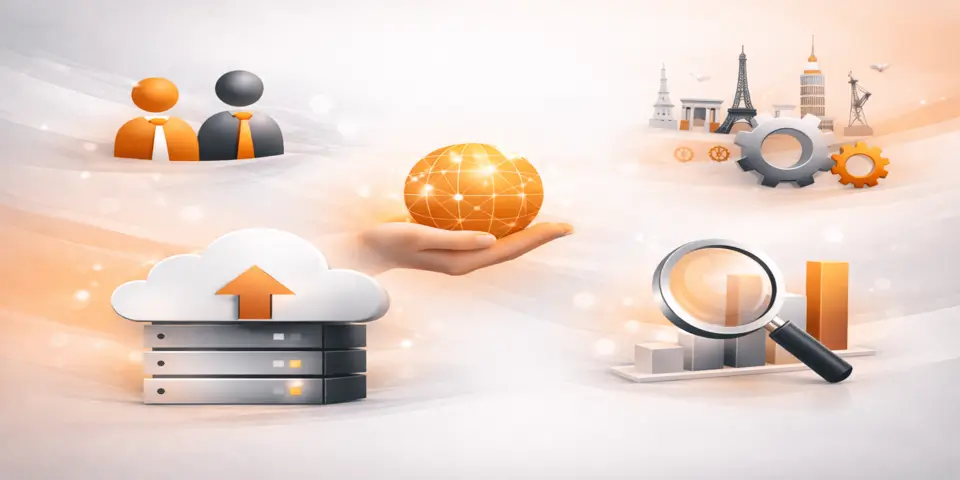 Technology icons representing SaaS outsourcing trends and global digital collaboration