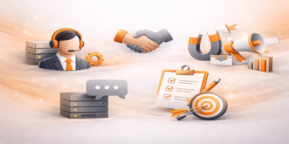 Abstract icons representing SaaS outsourcing for customer support and marketing strategies