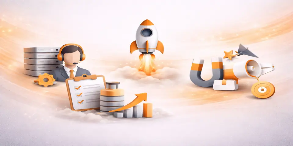 Abstract icons representing SaaS growth, outsourcing strategy, and business scalability