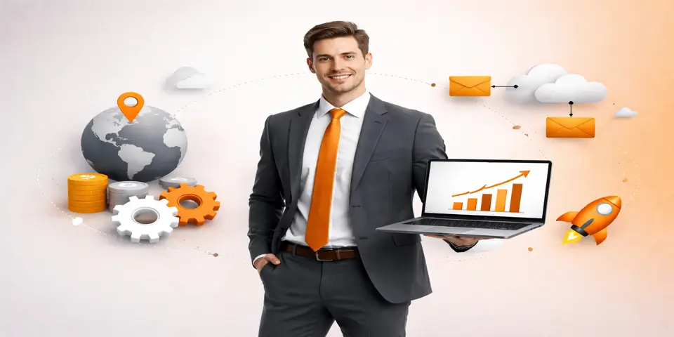 business professional representing SaaS outsourcing growth strategy with digital elements