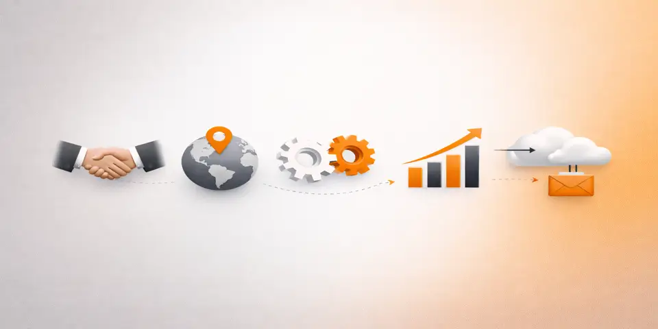 minimal abstract icons representing SaaS outsourcing models and growth strategy