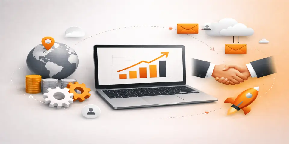 laptop showing SaaS growth analytics with outsourcing and business elements