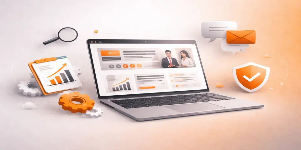 laptop displaying consulting website design layout with analytics and UI elements