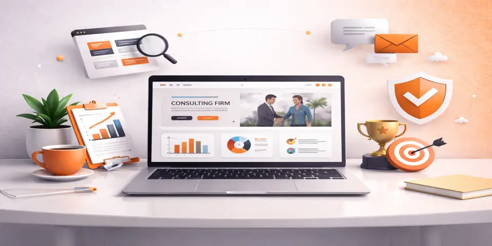 laptop showing consulting website design with client growth and analytics elements
