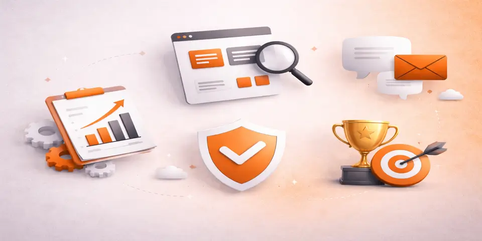 abstract icons showing consulting web design success strategies and client growth