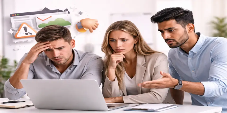 team analyzing poor website design issues impacting consulting credibility