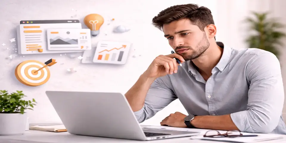 consultant analyzing latest web design trends and strategies on laptop