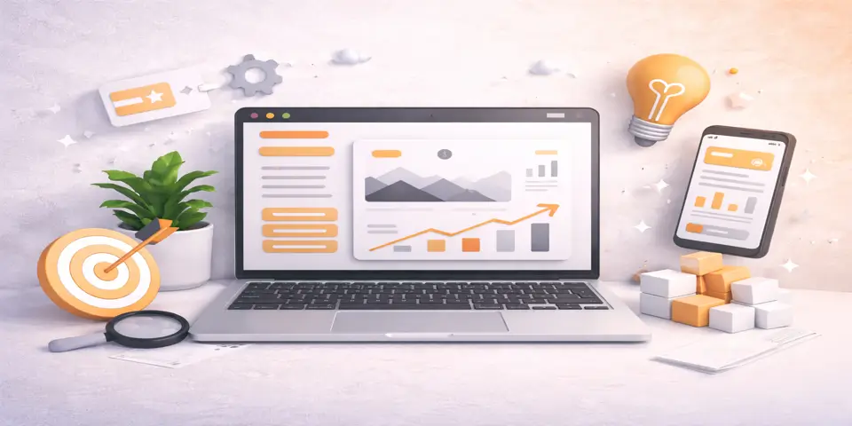 laptop displaying modern consulting website design with analytics and trend elements