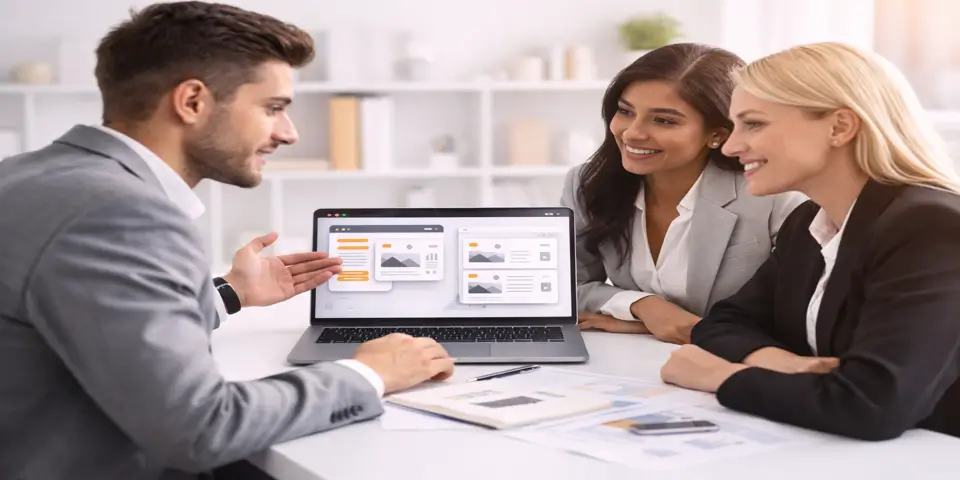 consulting team discussing custom website versus template solutions