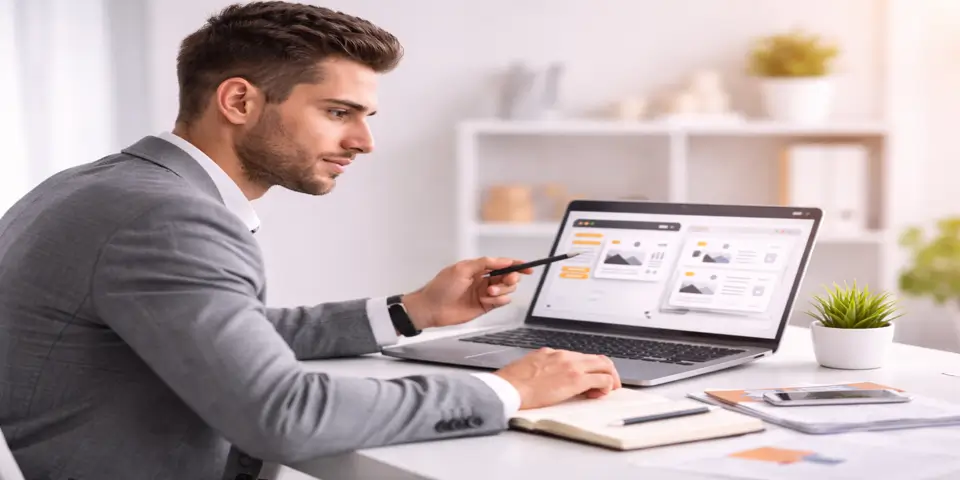 consultant analyzing custom website versus template options on laptop