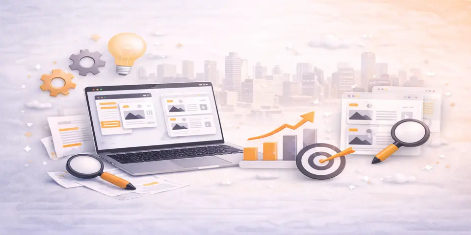 laptop displaying futuristic consulting website design with analytics and growth elements