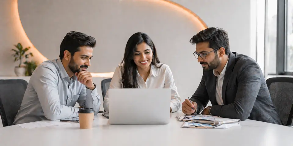 consulting team collaborating on website design strategy and client acquisition planning