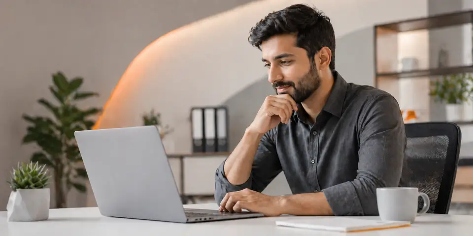 professional consultant reviewing website design strategy on laptop in modern office