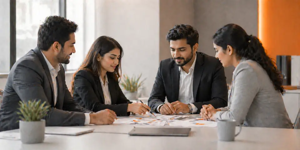 consulting team collaborating on digital campaign strategy and business growth planning