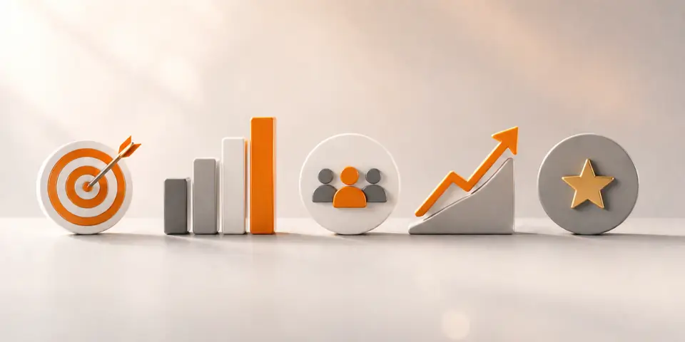 minimal abstract business icons representing consulting growth and digital campaign success