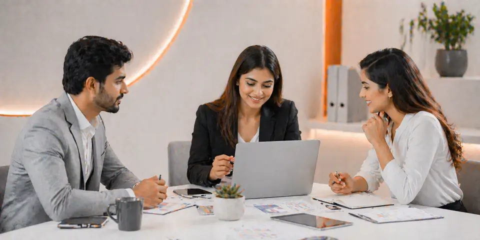 consulting team collaborating on digital marketing ROI strategy and campaign planning