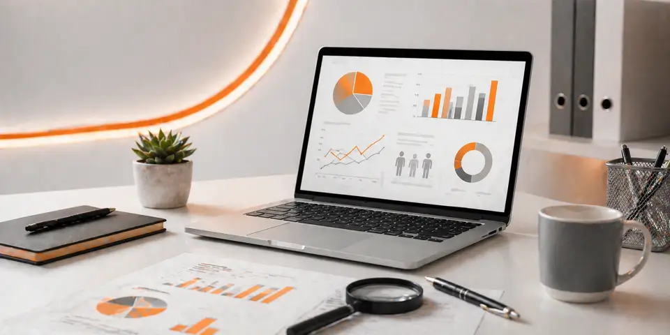 modern laptop workspace showing consulting digital marketing analytics and ROI growth dashboard