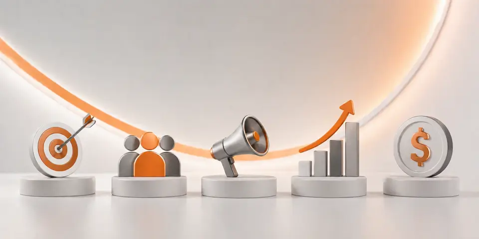 minimal abstract icons representing ROI growth digital marketing and consulting strategy