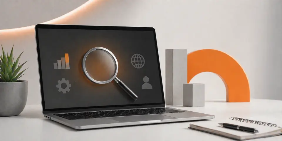 modern laptop workspace showing SEO analytics dashboard for consulting business growth