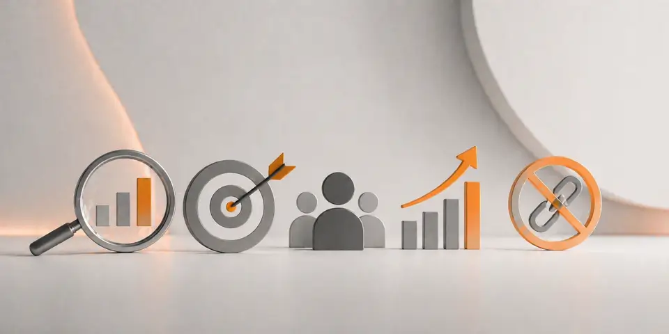 minimal abstract SEO icons representing search visibility growth and consulting strategy