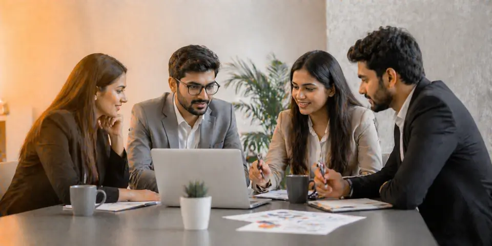 consulting team collaborating on social media marketing strategy and brand visibility growth