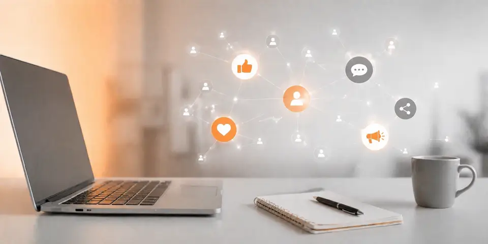 modern laptop workspace showing social media analytics and consulting brand growth strategy