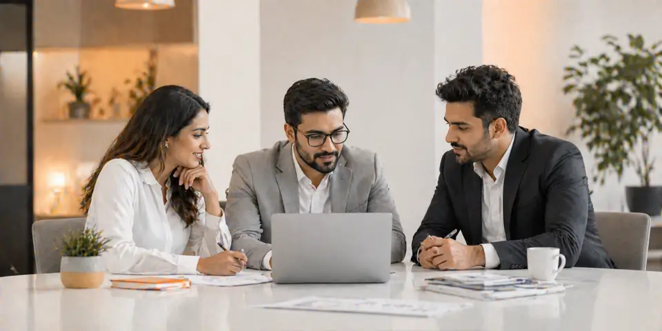 consulting team discussing PPC and content marketing strategy planning for business growth