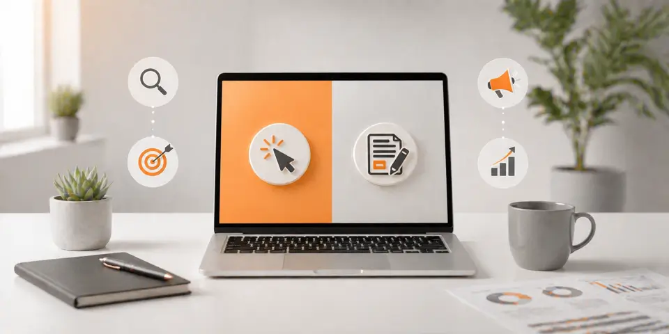 modern laptop workspace showing PPC and content marketing analytics dashboard for consulting firms