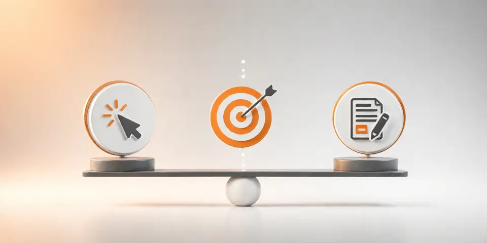 minimal abstract icons comparing PPC advertising and content marketing strategy concepts