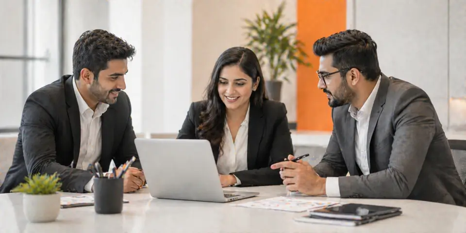 consulting team collaborating on digital marketing strategy and future business growth